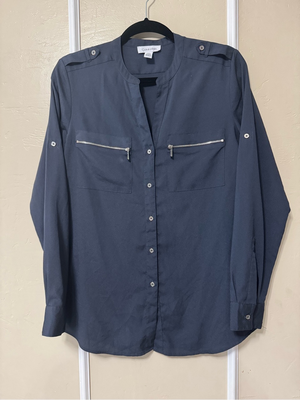 Calvin Klein Men's Navy Button-Front Shirt with Zip Chest Pockets